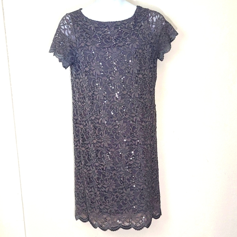 Tiana B Gray Lace Sequin Cocktail Dress XL Short Sleeve Midi Wedding Holiday